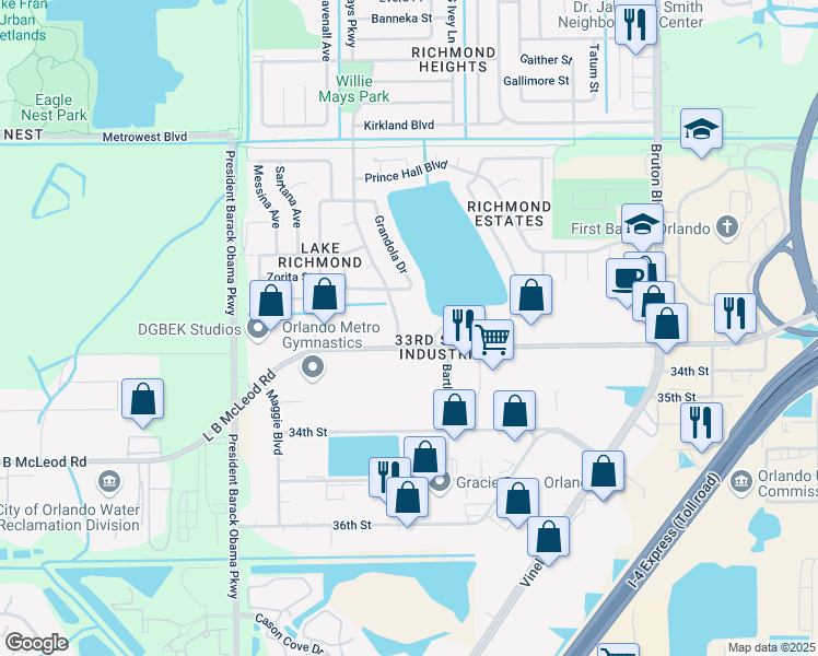 map of restaurants, bars, coffee shops, grocery stores, and more near 4549 L B McLeod Road in Orlando