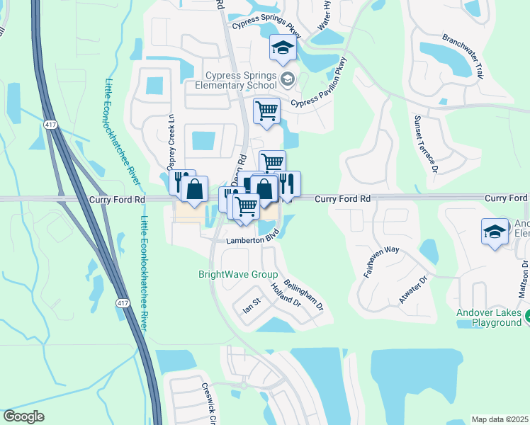 map of restaurants, bars, coffee shops, grocery stores, and more near 3020 Lamberton Boulevard in Orlando