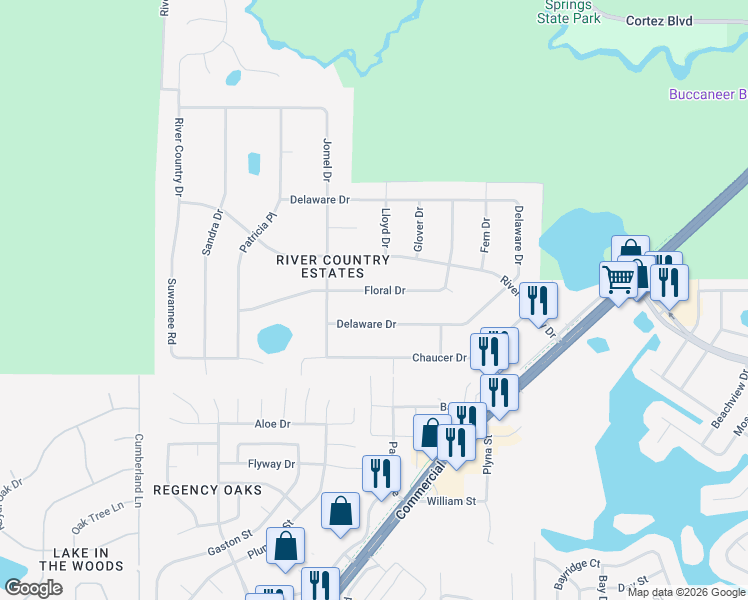 map of restaurants, bars, coffee shops, grocery stores, and more near 8538 Delaware Drive in Weeki Wachee