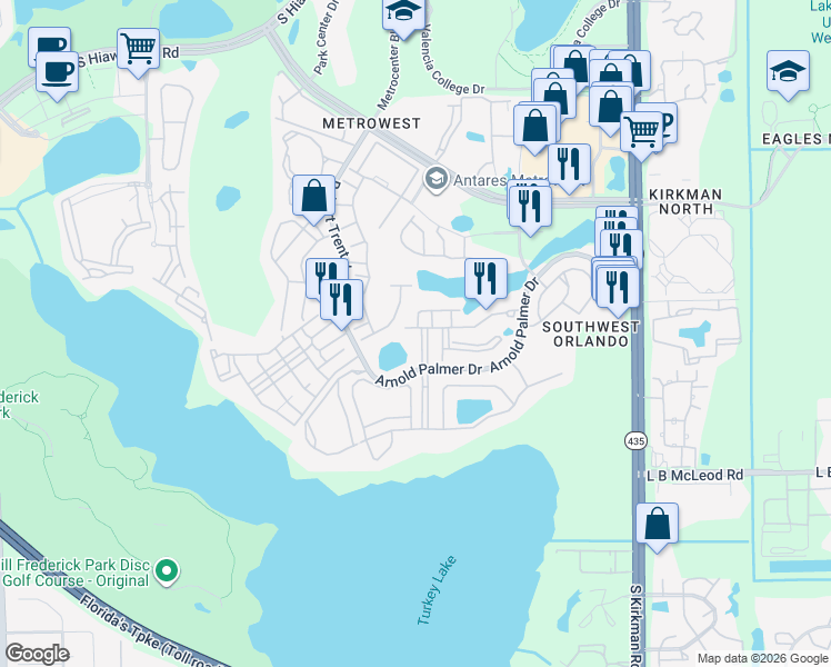 map of restaurants, bars, coffee shops, grocery stores, and more near 6292 Twain Street in Orlando