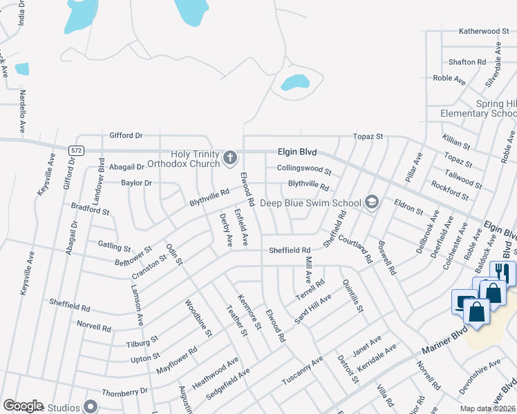 map of restaurants, bars, coffee shops, grocery stores, and more near 5297 Elwood Road in Spring Hill