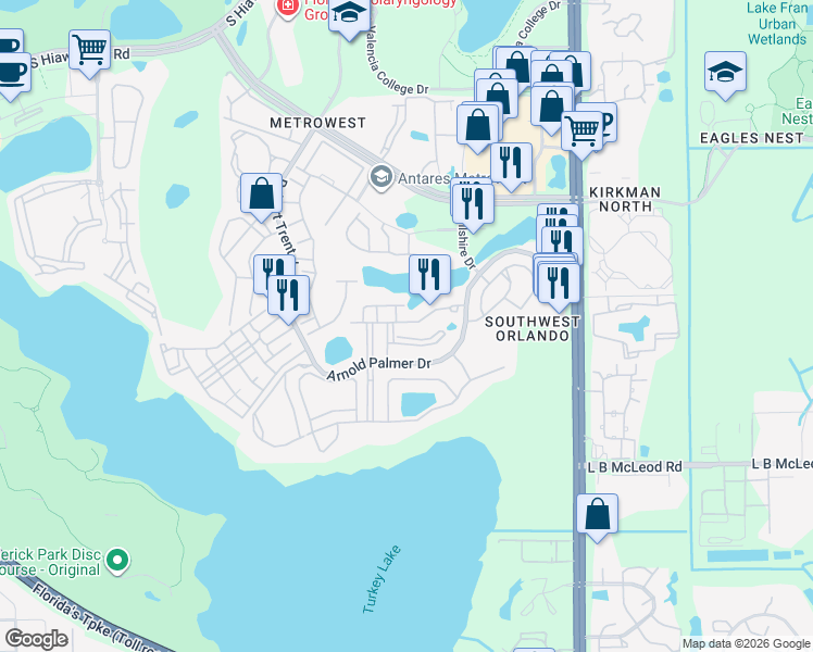 map of restaurants, bars, coffee shops, grocery stores, and more near 3190 Dante Drive in Orlando