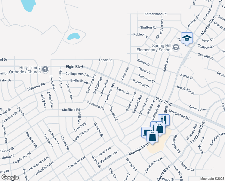 map of restaurants, bars, coffee shops, grocery stores, and more near 5302 Fairhaven Avenue in Spring Hill