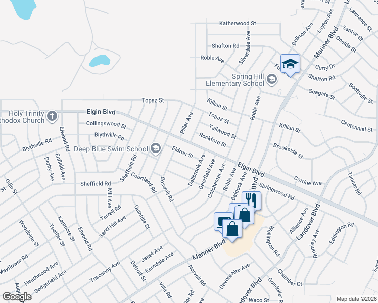 map of restaurants, bars, coffee shops, grocery stores, and more near 12072 Eldron Street in Spring Hill