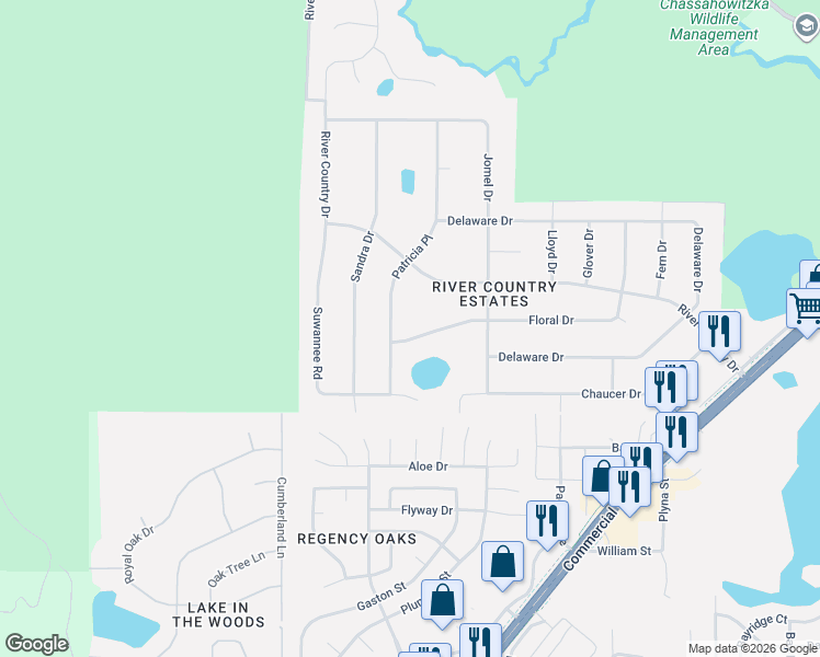 map of restaurants, bars, coffee shops, grocery stores, and more near 7828 Floral Drive in Spring Hill
