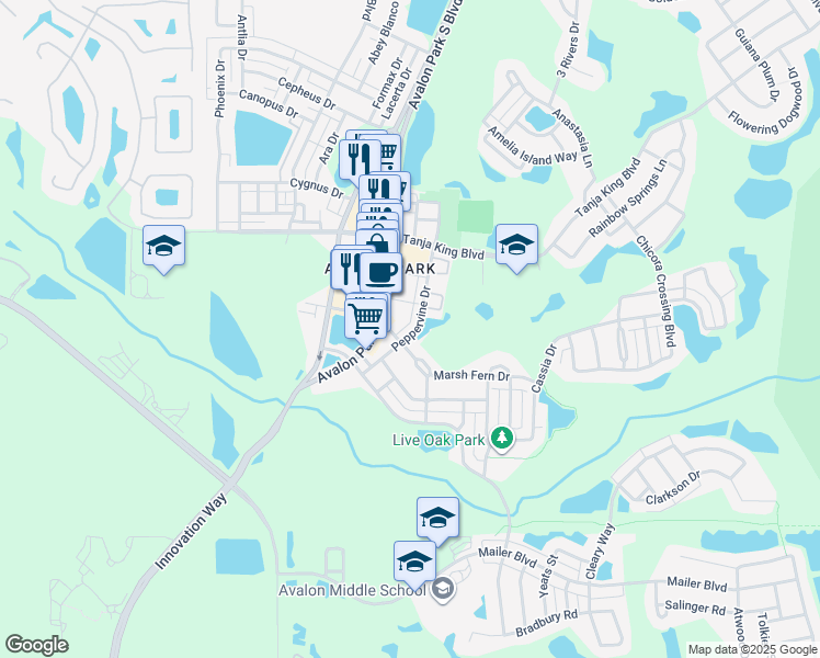 map of restaurants, bars, coffee shops, grocery stores, and more near 3762 Peppervine Drive in Orlando