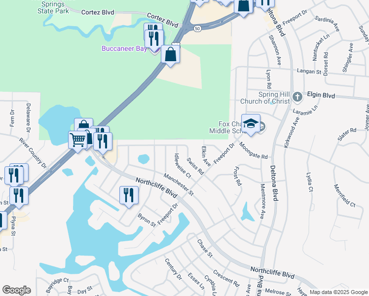 map of restaurants, bars, coffee shops, grocery stores, and more near 9154 Swiss Road in Spring Hill