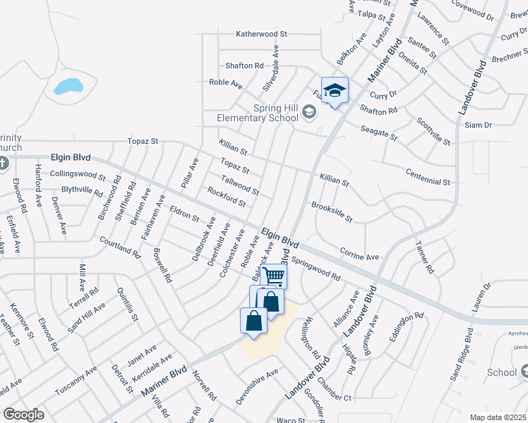 map of restaurants, bars, coffee shops, grocery stores, and more near 5347 Roble Avenue in Spring Hill