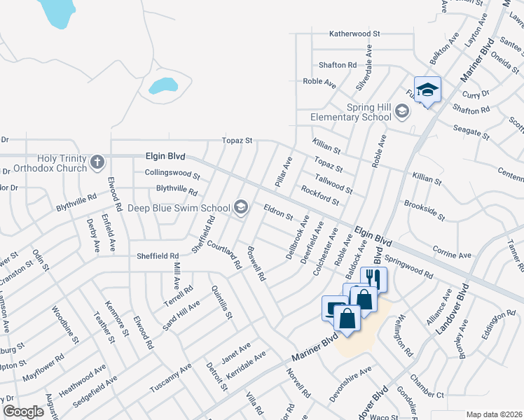 map of restaurants, bars, coffee shops, grocery stores, and more near 12033 Cradock Street in Spring Hill