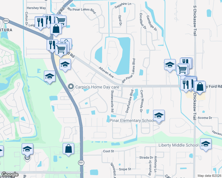 map of restaurants, bars, coffee shops, grocery stores, and more near 3030 Maybry Lane in Orlando