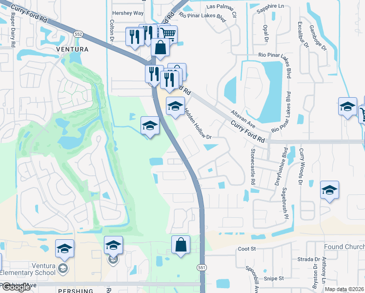 map of restaurants, bars, coffee shops, grocery stores, and more near 7301 Marseille Circle in Orlando