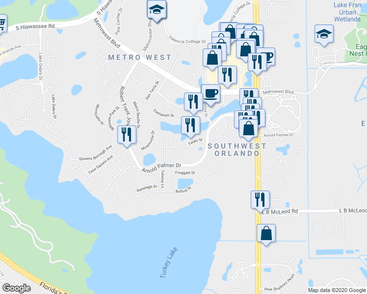 map of restaurants, bars, coffee shops, grocery stores, and more near 6100 Stevenson Drive in Orlando
