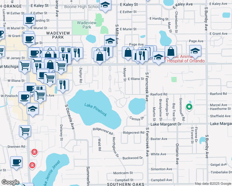 map of restaurants, bars, coffee shops, grocery stores, and more near 2929 Lake Pineloch Boulevard in Orlando