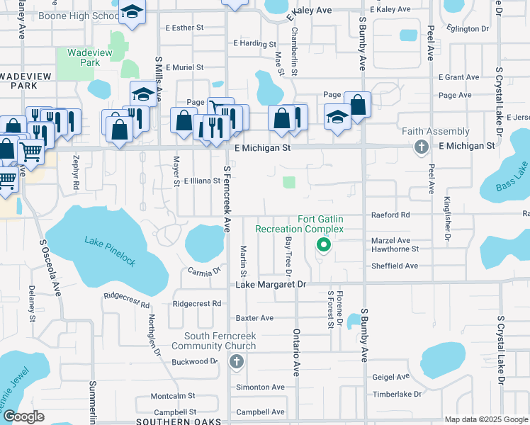 map of restaurants, bars, coffee shops, grocery stores, and more near 1745 Raeford Road in Orlando