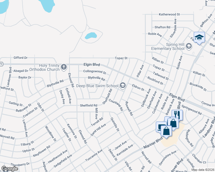 map of restaurants, bars, coffee shops, grocery stores, and more near 5401 Birchwood Road in Spring Hill