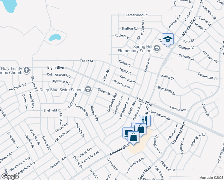 map of restaurants, bars, coffee shops, grocery stores, and more near 12072 Eldron Street in Spring Hill
