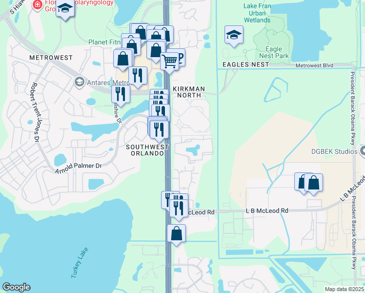 map of restaurants, bars, coffee shops, grocery stores, and more near 5590 Arnold Palmer Drive in Orlando