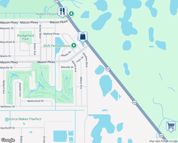 map of restaurants, bars, coffee shops, grocery stores, and more near 2600 Abalone Boulevard in Orlando