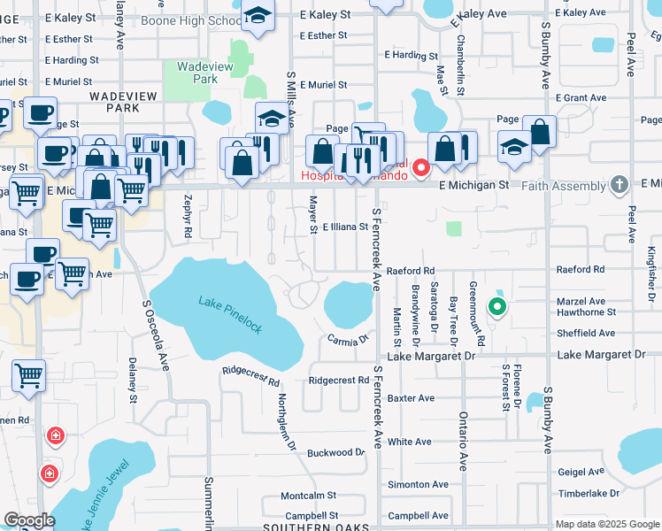 map of restaurants, bars, coffee shops, grocery stores, and more near 1400 East Pineloch Avenue in Orlando