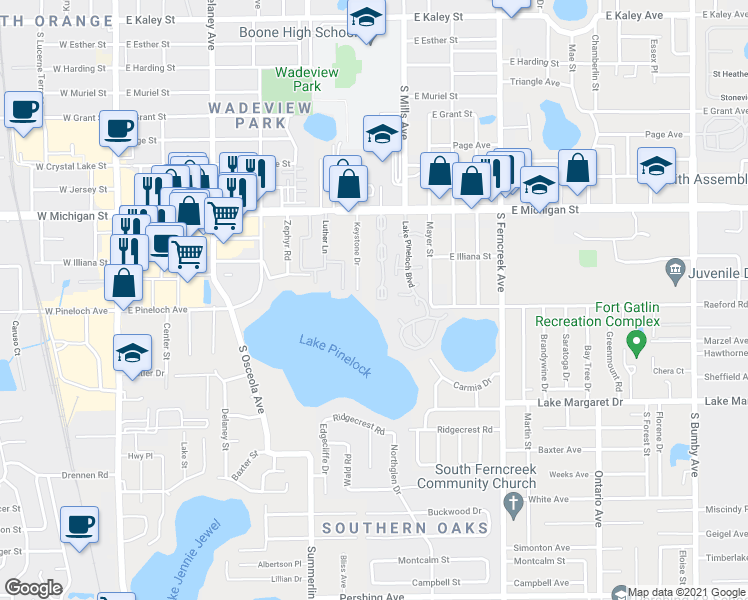 map of restaurants, bars, coffee shops, grocery stores, and more near 2825 Keystone Drive in Orlando