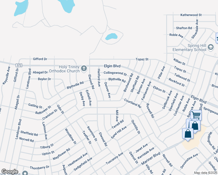 map of restaurants, bars, coffee shops, grocery stores, and more near 5292 Denver Avenue in Spring Hill