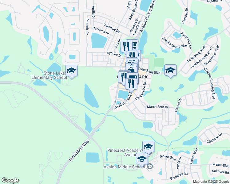map of restaurants, bars, coffee shops, grocery stores, and more near 3936 Avalon Park West Boulevard in Orlando