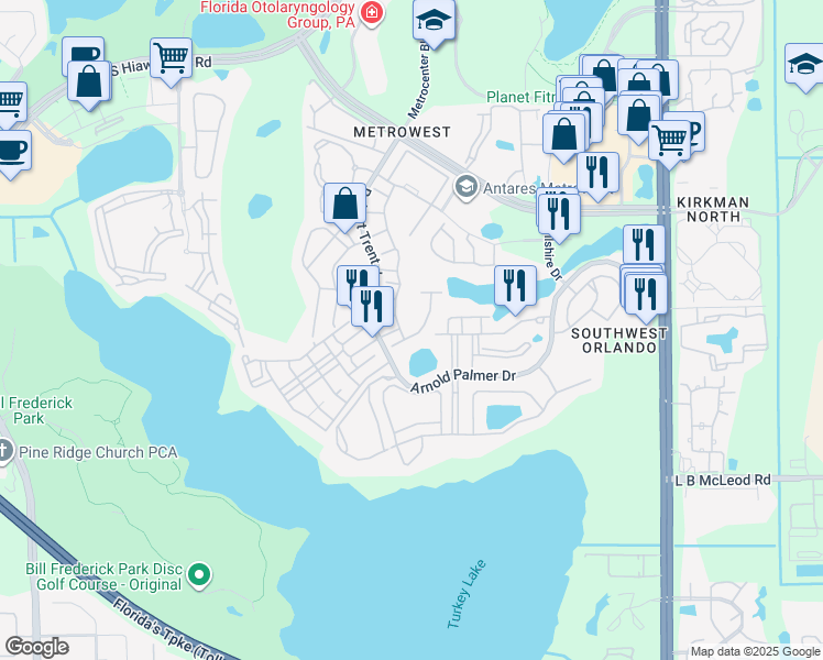 map of restaurants, bars, coffee shops, grocery stores, and more near 3015 Metro Sevilla Drive in Orlando