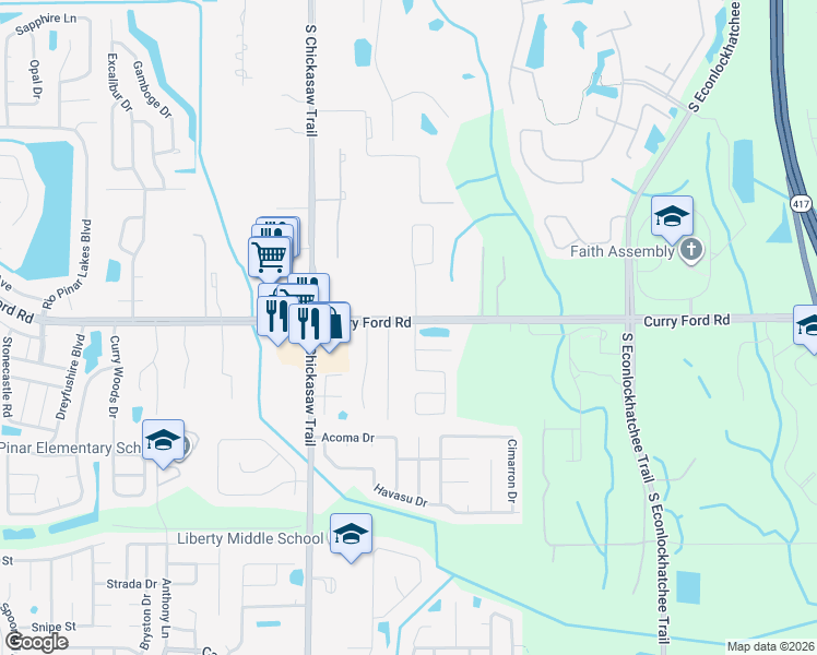 map of restaurants, bars, coffee shops, grocery stores, and more near 8703 Curry Ford Road in Orlando