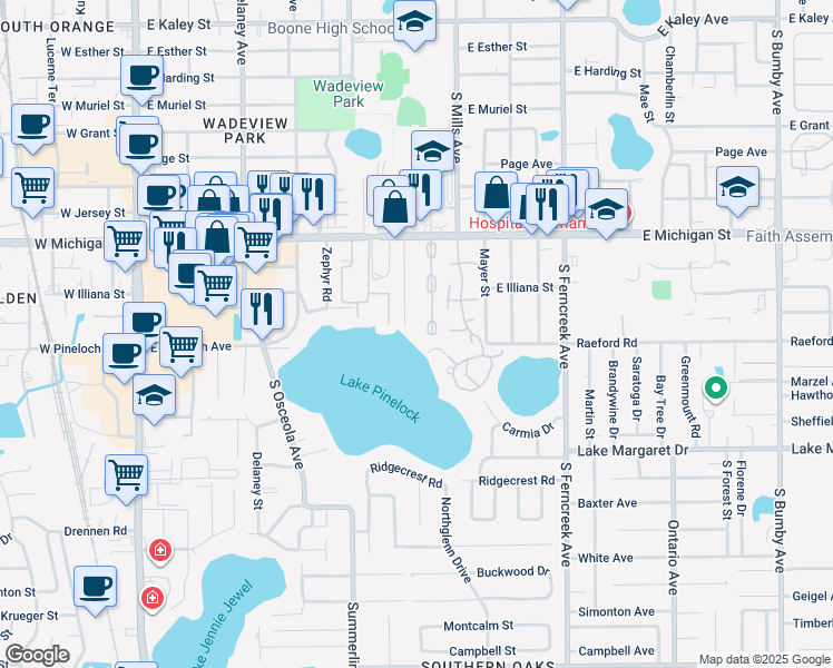 map of restaurants, bars, coffee shops, grocery stores, and more near 2825 Keystone Drive in Orlando