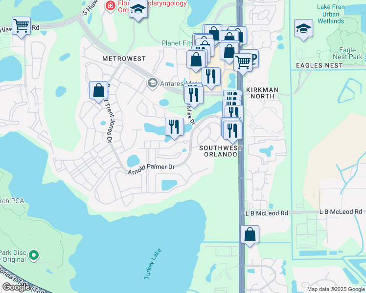 map of restaurants, bars, coffee shops, grocery stores, and more near 6051 Strada Isle Way in Orlando