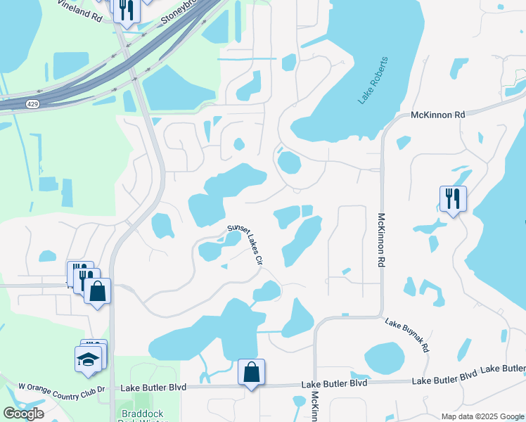 map of restaurants, bars, coffee shops, grocery stores, and more near 13111 Luntz Point Lane in Windermere