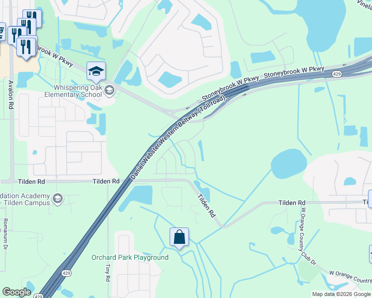map of restaurants, bars, coffee shops, grocery stores, and more near 1727 Woodlark Way in Winter Garden