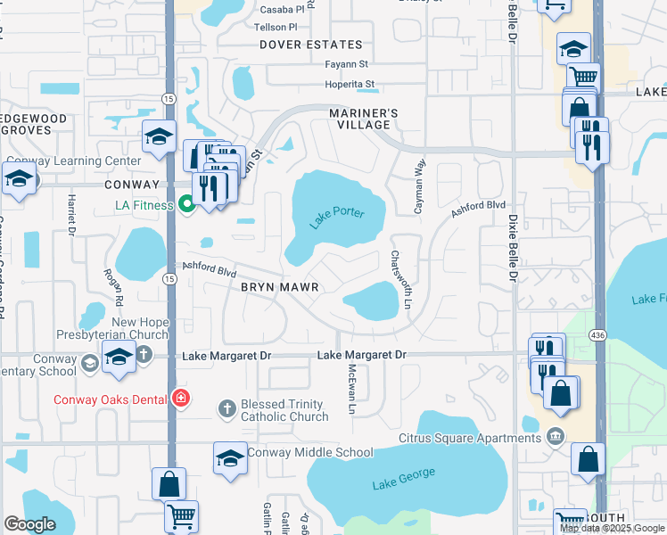 map of restaurants, bars, coffee shops, grocery stores, and more near 3120 Tall Timber Drive in Orlando