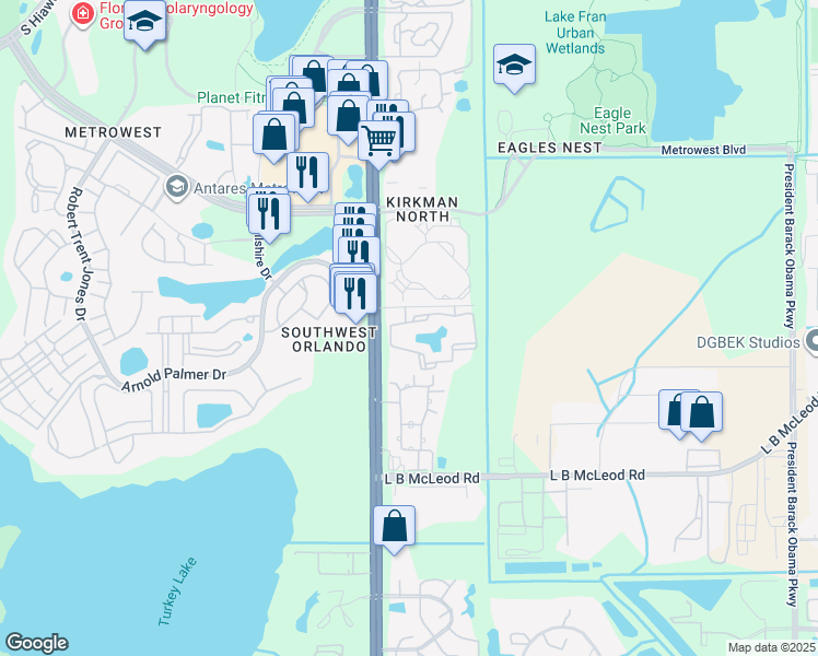 map of restaurants, bars, coffee shops, grocery stores, and more near 5560 Arnold Palmer Drive in Orlando