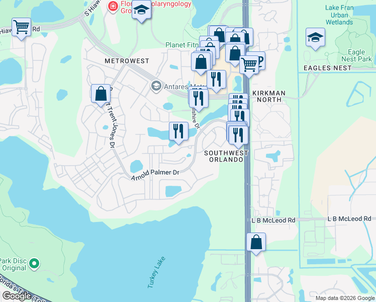 map of restaurants, bars, coffee shops, grocery stores, and more near 6051 Strada Isle Way in Orlando