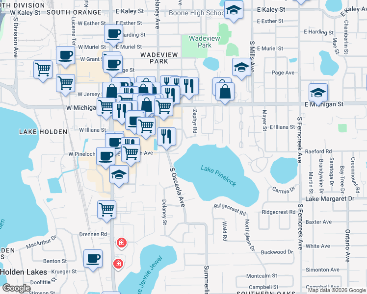 map of restaurants, bars, coffee shops, grocery stores, and more near 2876 South Osceola Avenue in Orlando