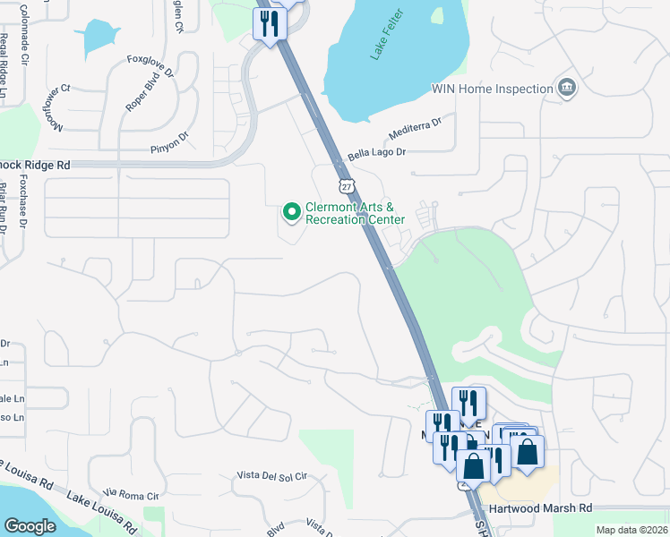 map of restaurants, bars, coffee shops, grocery stores, and more near 3862 Beacon Ridge Way in Clermont