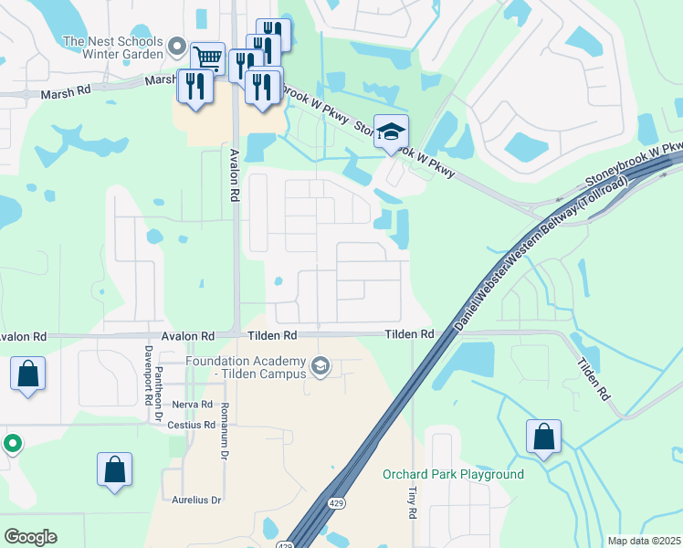map of restaurants, bars, coffee shops, grocery stores, and more near 15155 Ovation Drive in Winter Garden
