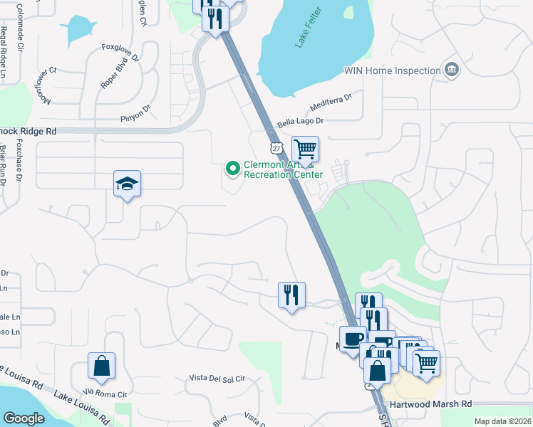 map of restaurants, bars, coffee shops, grocery stores, and more near 3862 Beacon Ridge Way in Clermont
