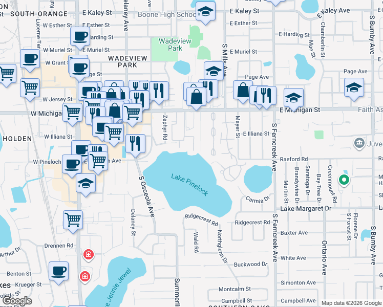 map of restaurants, bars, coffee shops, grocery stores, and more near 780 East Michigan Street in Orlando