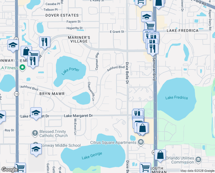 map of restaurants, bars, coffee shops, grocery stores, and more near 3202 Heathgate Court in Orlando
