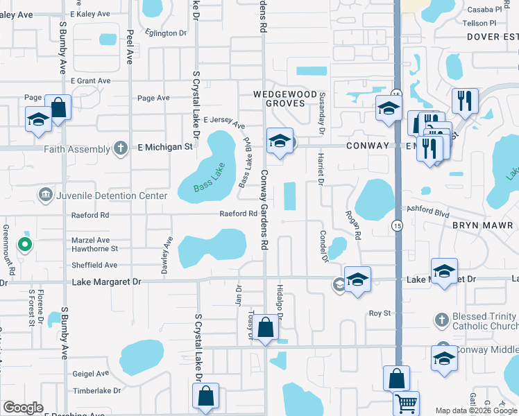 map of restaurants, bars, coffee shops, grocery stores, and more near 2836 Roseglen Way in Orlando