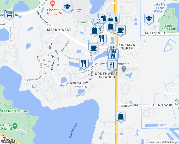 map of restaurants, bars, coffee shops, grocery stores, and more near 6051 Strada Isle Way in Orlando