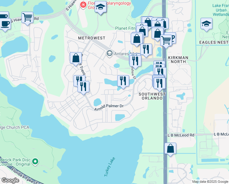 map of restaurants, bars, coffee shops, grocery stores, and more near 6235 Goethe Street in Orlando
