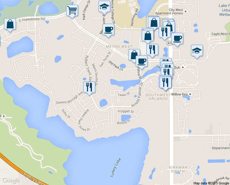 map of restaurants, bars, coffee shops, grocery stores, and more near 6235 Goethe Street in Orlando