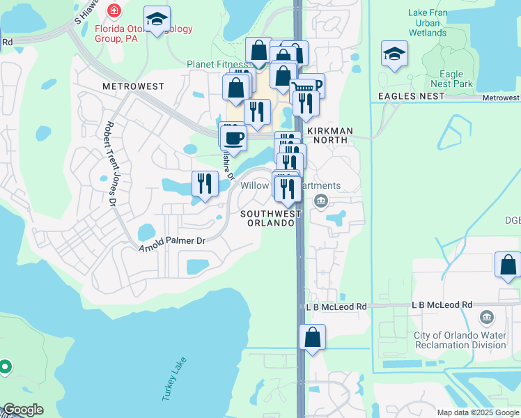 map of restaurants, bars, coffee shops, grocery stores, and more near 3230 Villa Strada Way in Orlando