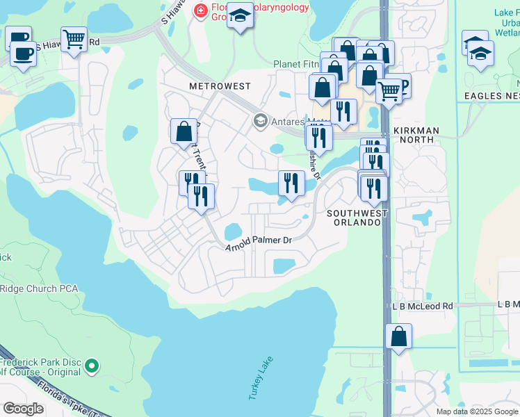 map of restaurants, bars, coffee shops, grocery stores, and more near 6235 Goethe Street in Orlando