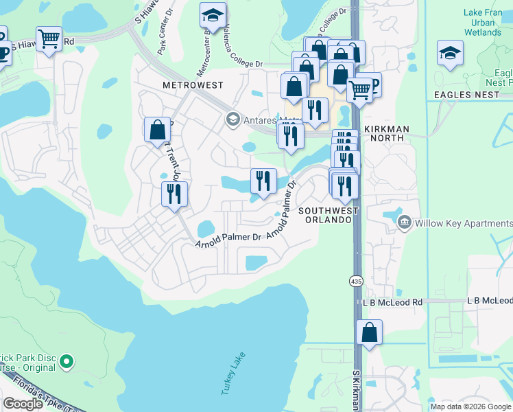 map of restaurants, bars, coffee shops, grocery stores, and more near 6105 Twain Street in Orlando