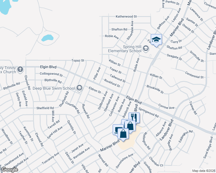 map of restaurants, bars, coffee shops, grocery stores, and more near 12095 Elgin Boulevard in Spring Hill
