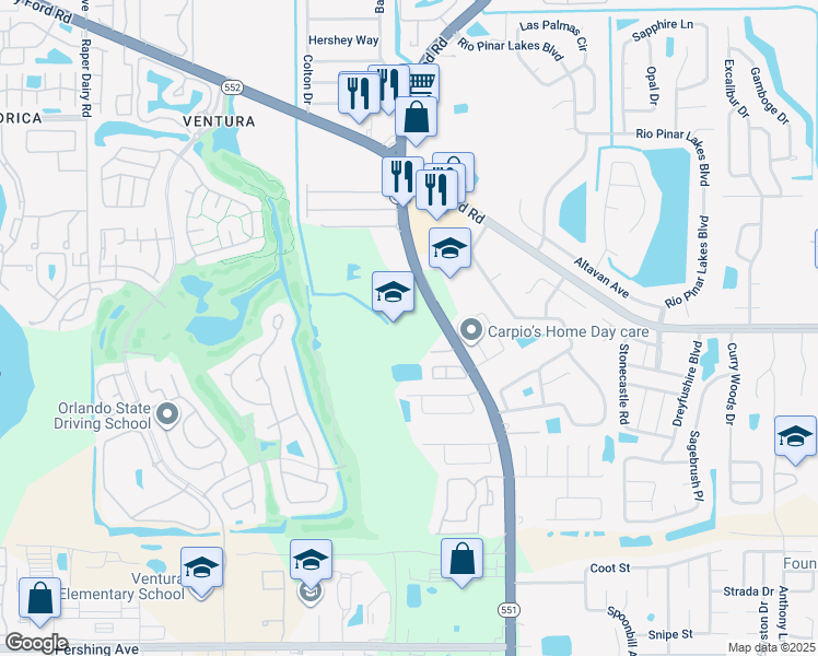 map of restaurants, bars, coffee shops, grocery stores, and more near 2510 South Goldenrod Road in Orlando